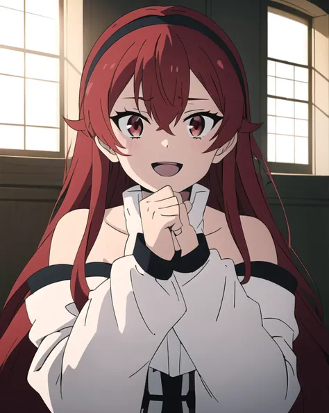 mushoku tensei style, eris greyrat, masterpiece, ultra-detailed, highly detailed, best quality, 1girl, looking at viewer, solo, :d, red hair, long hair, red eyes, hair between eyes, black hairband, bare shoulders, long sleeves, window, indoors, sunny, hands behind back, dimly lit, dark studio, rim lighting, <lora:mushoku_tensei_style_offset:1>