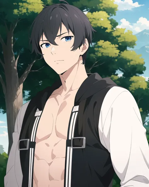 mushoku tensei style, 1boy, male focus, solo, blue eyes, trees, black hair, muscular male, outdoors, looking at viewer, upper body, barechested male, ((masterpiece)) <lora:mushoku_tensei_style_offset:1>