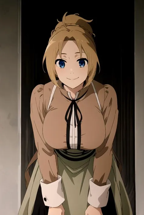 mushoku tensei style, anime coloring, 1girl, Zenith, 1girl, solo, blue_eyes, blonde_hair, smile, long_sleeves, large_breasts, parted_bangs, red_shirt, bangs, ponytail, black_ribbon, brown_skirt, neck_ribbon, pants, long_skirt ((masterpiece)) , <lora:mushoku_tensei_style_offset:1>