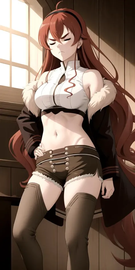 mushoku tensei style, anime coloring, 1girl, <lora:ErisV14:1>, Eris_Adult, white sleeveless shirt, brown shorts, large breasts, navel, midriff, brown legwear, (brown chaps:0.65), fur-trimmed jacket, solo, long hair, red hair, closed eyes, tsundere, hairband, indoors, black hairband, thick eyebrows, bare shoulders, bangs, closed mouth, window, hair between eyes, frown, ((masterpiece)) <lora:mushoku_tensei_style_offset:0.71>, (ErisAdultSFW:0.2)