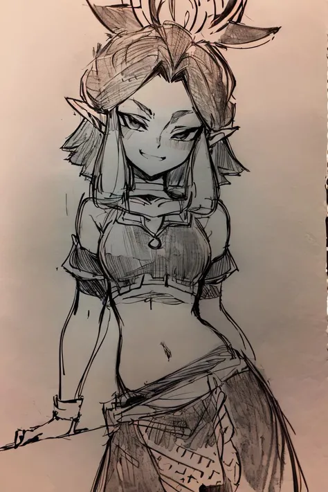 <lora:Pencil_Sketch_Dim64_SD-05:1>,(Pencil_Sketch:1.2, messy lines, greyscale, traditional media, sketch), unfinished, hatching (texture) , ((masterpiece,best quality)), absurdres, <lora:Riju_Zelda_TotK:0.7>, Riju_Zelda, dark skin, midriff, black dress, solo, smiling, smug, looking at viewer, cowboy shot,