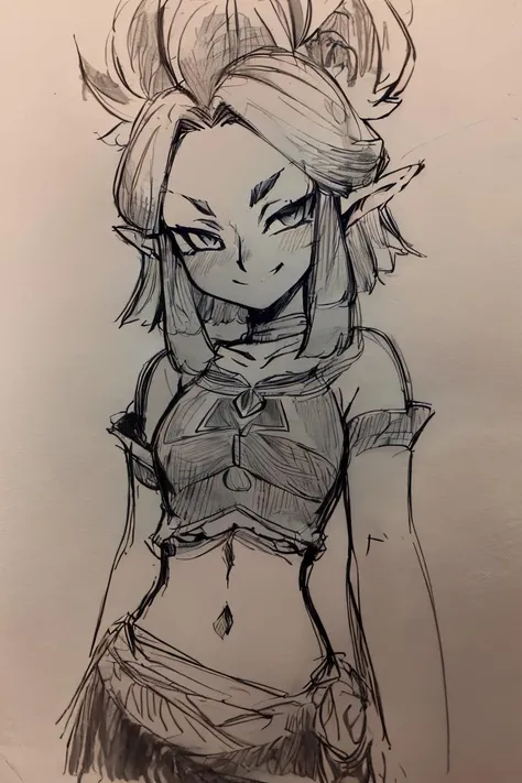 <lora:Pencil_Sketch_Dim64_SD-05:1>,(Pencil_Sketch:1.2, messy lines, greyscale, traditional media, sketch), unfinished, hatching (texture) , ((masterpiece,best quality)), absurdres, <lora:Riju_Zelda_TotK:0.7>, Riju_Zelda, dark skin, midriff, black dress, solo, smiling, smug, looking at viewer, cowboy shot,