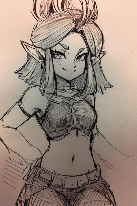 <lora:Pencil_Sketch_Dim64_SD-05:1.>,(Pencil_Sketch:1.2, messy lines, greyscale, traditional media, sketch), unfinished, hatching (texture),
<lora:Riju_Zelda_TotK:0.7>, Riju_Zelda, dark skin, midriff, black dress, solo, smiling, smug, looking at viewer, cowboy shot,