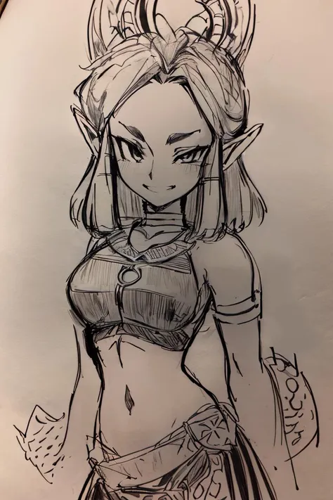 <lora:Pencil_Sketch_Dim64_SD-05:1>,(Pencil_Sketch:1.2, messy lines, greyscale, traditional media, sketch), unfinished, hatching (texture) , ((masterpiece,best quality)), absurdres, <lora:Riju_Zelda_TotK:0.7>, Riju_Zelda, dark skin, midriff, black dress, solo, smiling, smug, looking at viewer, cowboy shot,