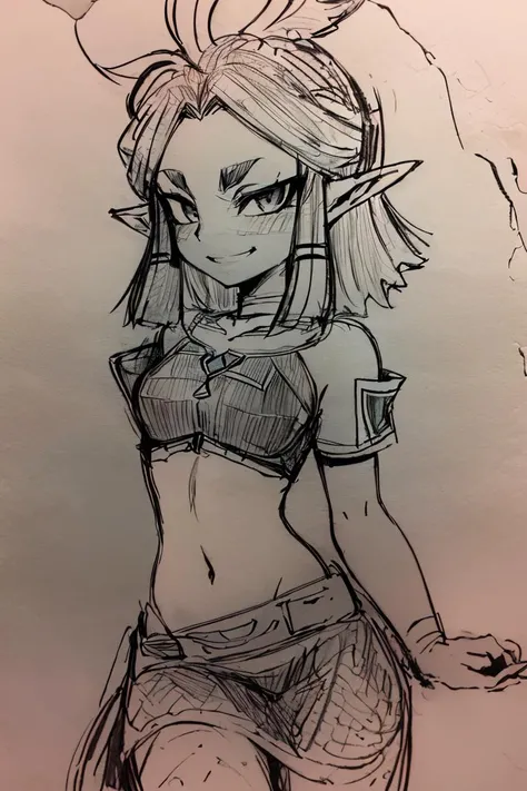 score_9,score_8_up,score_7_up,score_6_up,score_5_up, SisergSylvi, elf, blonde, long hair, blue eyes, lace black top, red skirt, tartan skirt,red tartan skirt, choker, open belly button, belly button visible, bare shoulders, cleavage
