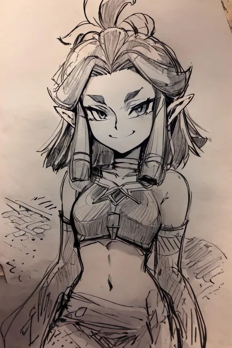 <lora:Pencil_Sketch_Dim64_SD-05:1>,(Pencil_Sketch:1.2, messy lines, greyscale, traditional media, sketch), unfinished, hatching (texture) , ((masterpiece,best quality)), absurdres, <lora:Riju_Zelda_TotK:0.7>, Riju_Zelda, dark skin, midriff, black dress, solo, smiling, smug, looking at viewer, cowboy shot,