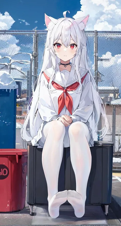 ((masterpiece, best quality)),a girl, solo, skirt, sky, sitting, pantyhose, serafuku, cloud,outdoors, neckerchief ,day, bangs, fence, shirt, ahoge, rooftop, long hair, white pantyhose,white hair, white school uniform, white sailor collar,red eyes, sailor collar, white skirt, red neckerchief, white serafuku, animal ears, blue sky,white shirt, looking at viewer, closed mouth,cat ears, chain-link fence, white skirt, cloudy sky, trash can, pleated,no shoes