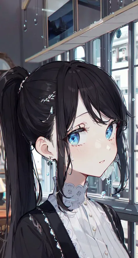 petite,1girl, solo, masterpiece, best quality, beautifully painted, highly detailed, Aestheticism Painting, {{{upper body}}}, detailed clothes, super detailed face, detailed eyes, detailed night, detailed building, {{{super detailed skin}}}, large masterpiece digital art, detailed manga illustration, finely detailed, HIGH RES, Stunning art, {{intricate detail}}, masterpiece portrait, floating hair, handled hair, {{{{by famous artist}}}}, smoke, crow, {{pistol}}, black suit, very long ponytail, {{black hat}}, tareme, reflective hair, {{looking at you}}, {{{{ray tracing}}}}, water eyes, {{reflective eyes}}, {{hair dripping}}, hair is water, glass tint, zoom in on eyes, {{water droplets on face}}, detailed rains, black hair, black eyes, arms behind back, beautiful, masterwork, detailed, glossy