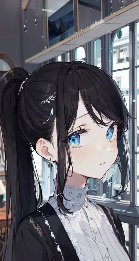 petite,1girl, solo, masterpiece, best quality, beautifully painted, highly detailed, Aestheticism Painting, {{{upper body}}}, detailed clothes, super detailed face, detailed eyes, detailed night, detailed building, {{{super detailed skin}}}, large masterpiece digital art, detailed manga illustration, finely detailed, HIGH RES, Stunning art, {{intricate detail}}, masterpiece portrait, floating hair, handled hair, {{{{by famous artist}}}}, smoke, crow, {{pistol}}, black suit, very long ponytail, {{black hat}}, tareme, reflective hair, {{looking at you}}, {{{{ray tracing}}}}, water eyes, {{reflective eyes}}, {{hair dripping}}, hair is water, glass tint, zoom in on eyes, {{water droplets on face}}, detailed rains, black hair, black eyes, arms behind back, beautiful, masterwork, detailed, glossy