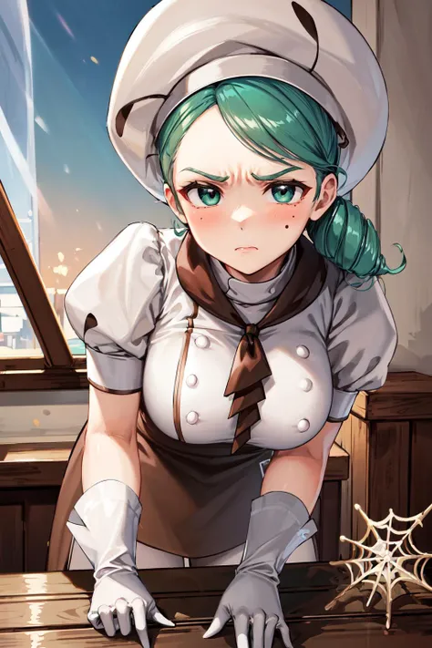 masterpiece, best quality, highres, hmkaty, spider web print, mole under eye, buttons, green eyes, brown apron, white gloves, short sleeves, brown skirt, puffy sleeves, ascot, side ponytail, white shirt, chef hat, <lora:katy_(pokemon)_v1:0.7>, frown, indoors, bent over, angry