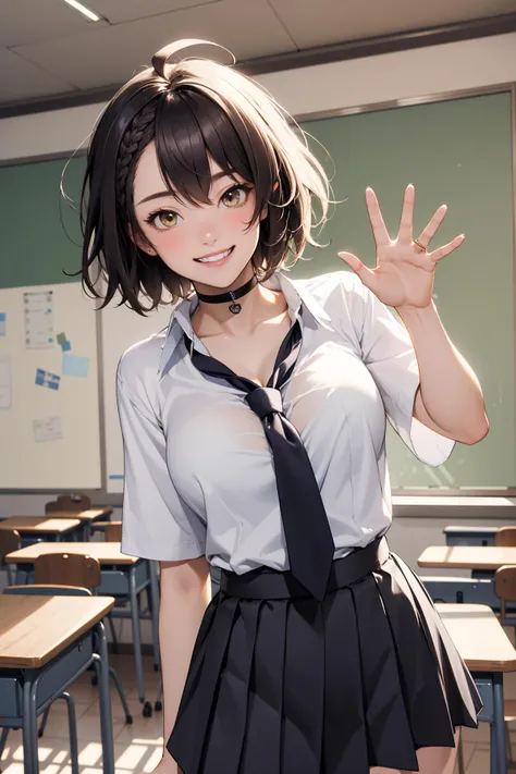 masterpiece, best quality, highres, bbbalti, short hair, ahoge, french braid, black choker, school uniform, black necktie, collarbone, cleavage, white shirt, short sleeves, cardigan around waist, pleated skirt, black skirt, loose necktie, <lora:baltimore_v1:0.7>, waving, smile, classroom, grin