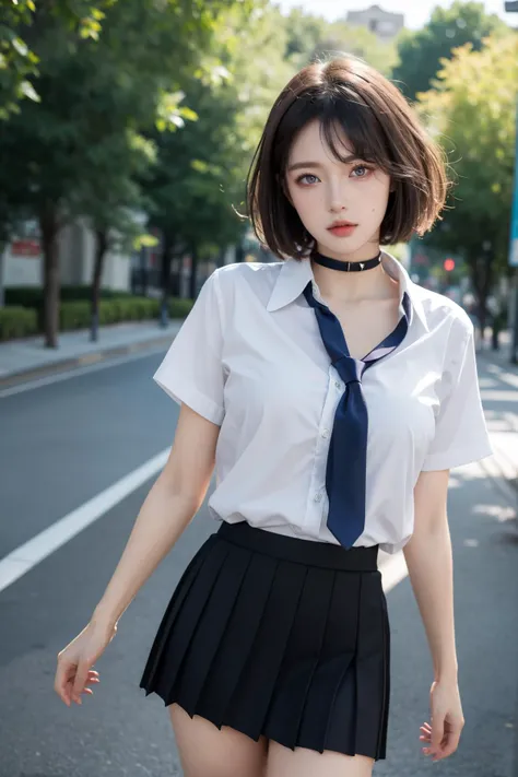 (Best Quality, Masterpiece:1.4), (Realism:1.2), (Realisitc:1.2), (Absurdres:1.2), (photorealistic:1.3), Realistic Skin,Solo,( Very Big Eyes,beautiful detailed eyes, symmetric eyes,), ((cowboy shot)),1girl,solo,
bbbalti, short hair, ahoge, french braid, black choker, school uniform, black necktie, collarbone, cleavage, white shirt, short sleeves, cardigan around waist, pleated skirt, black skirt, loose necktie, <lora:baltimore_v1:0.85>, outdoors, standing, cowboy shot,