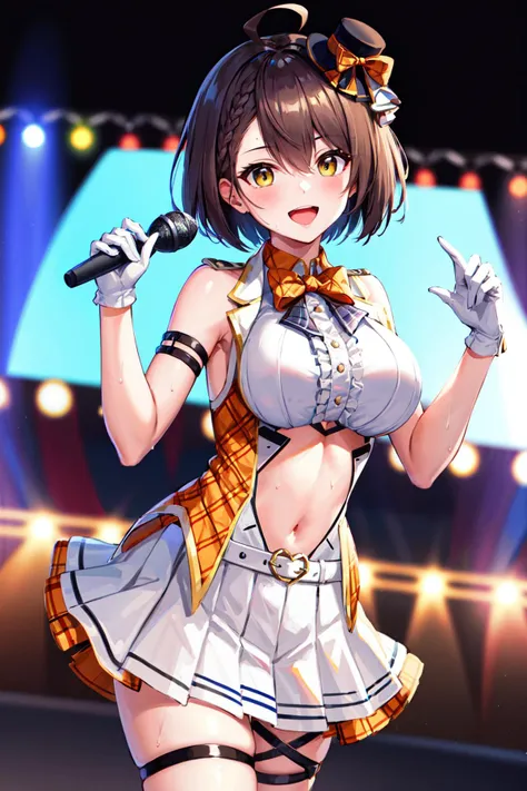 nsfw,masterpiece, best quality, detailed face,(ultra hi res:1.2),(illustration:1.3),(game cg:1.2),(official concept art:1.2),BREAK (midium breasts:1.2), (slender), (cdy:1.1), ((singing)), (stage,Spotlight:1.1), (((holding 1 microphone))), BREAK idolmaster, {{{mio Honda}}}, (,beautiful girl,cute girl),(beautiful brown eyes),(beautiful light brown hair), (((extra short hair))),((spiky hair)), ((((mullet hairstyle)))),(wet hair), (wet skin),(((dark yellow idol dress))),(see-through), (open clothes), (large breasts), nipples, nipple slip, pussy, pussy slip, no panties,(embarrassed,a big smile), open mouths,(((one eye closed))),((tongue out)),(deep breathing),(spread pussy:1.3),((pubic brown hair:1.5)),(one arm behind),((ecstacy)), (vaginal penis:1.2), testicle, (a man:1.2), hetero, (lady sit astride on man:1.3), (lady on top), (intense Sex:1.6), (cum out:1.3),((steam)),(scatter sweat),