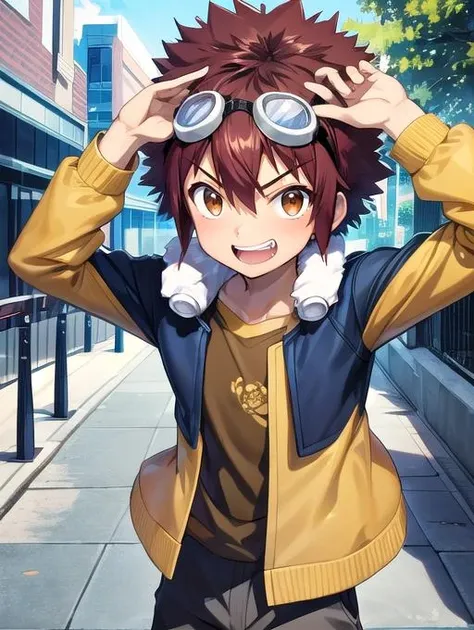 best quality, masterpiece, highres, detailed, digital illustration, <lora:Detail - add_detail:0.2>, DaisukeDigi, <lora:DaisukeDigi-10:0.9>, spiked afro hair, goggles on head, brown hair, brown eyes, yellow shirt, jacket, excited, outdoors, 1boy, smug, acting cool,