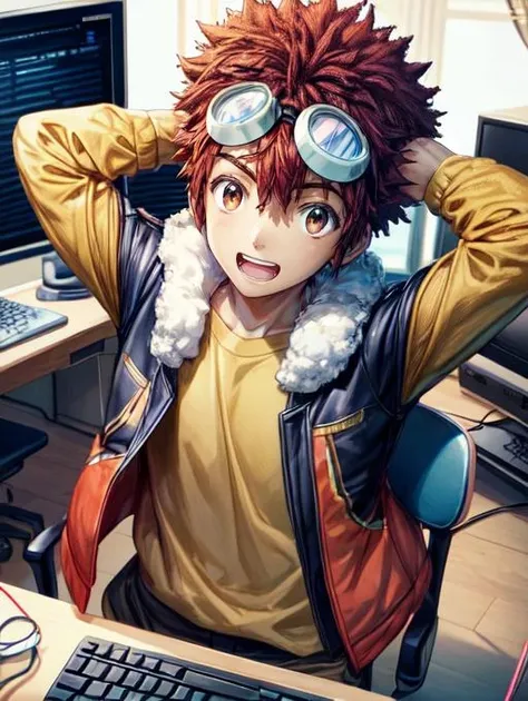 best quality, masterpiece, highres, detailed, digital illustration, <lora:Detail - add_detail:0.2>, DaisukeDigi, <lora:DaisukeDigi-10:1.0>, spiked afro hair, goggles on head, brown hair, brown eyes, yellow shirt, jacket, excited, working at computer, 1boy,