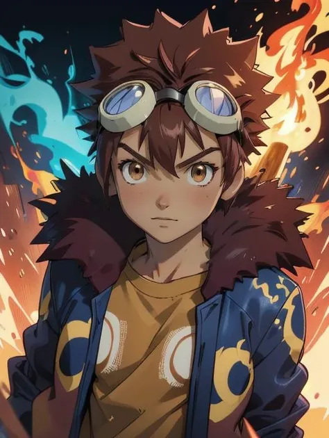 best quality, masterpiece, highres, detailed, digital illustration, <lora:Detail - add_detail:0.2>, DaisukeDigi, <lora:DaisukeDigi-10:1>, spiked afro hair, goggles on head, brown hair, brown eyes, yellow shirt, blue jacket with flame print,