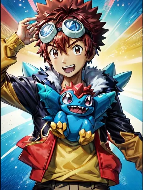 best quality, masterpiece, highres, detailed, digital illustration, <lora:Detail - add_detail:0.2>, DaisukeDigi, <lora:DaisukeDigi-10:1.0>, spiked afro hair, goggles on head, brown hair, brown eyes, yellow shirt, jacket, excited, 1boy, digimon \(creature\), blue creature, hugging creature,