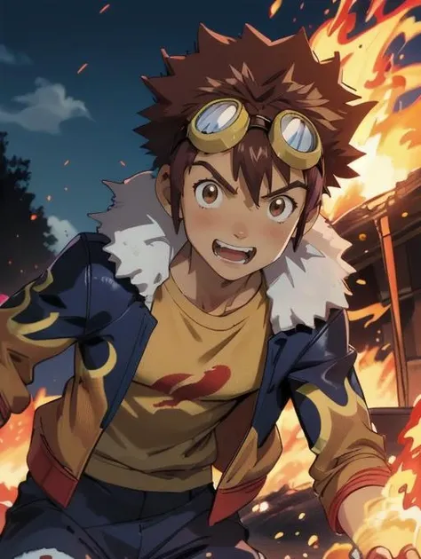 best quality, masterpiece, highres, detailed, digital illustration, <lora:Detail - add_detail:0.2>, DaisukeDigi, <lora:DaisukeDigi-10:1>, spiked afro hair, goggles on head, brown hair, brown eyes, yellow shirt, blue jacket with flame print, excited, outdoors,