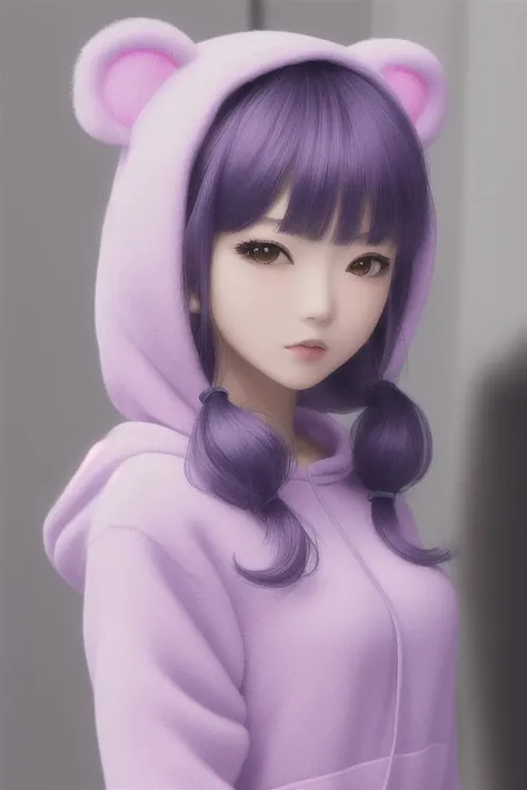SAM-YANG, kawaii-colors, mdjrny-v4 style masterpiece, best quality, correct body proportions, full body, feminine human wearing a fluffy bear hoodie, blue hair twintails, photorealistic. Detailed shading. Detailed lips.