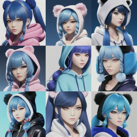 mdjrny-v4 style masterpiece, best quality, correct body proportions, full body, feminine human wearing a fluffy bear hoodie, blue hair twintails, photorealistic. Detailed shading. Detailed lips.