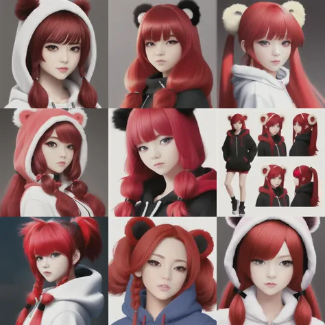 mdjrny-v4 style masterpiece, best quality, correct body proportions, full body, cute girl wearing a fluffy bear hoodie, red hair twintails, photorealistic. Detailed shading. Detailed lips.