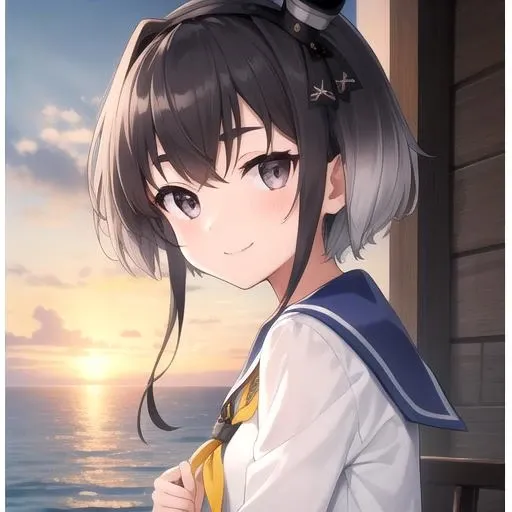 ((masterpiece)),(best quality),official art,extremely detailed CG,unity 8k wallpaper,ultra detailed,A lighthouse on a cliff by the sea,1girl,solo,upper body,(portrait:1.2),mini_hat,seamed_legwear,short_hair_with_long_locks,black_hair,multicolored_hair,anchor,sailor_dress,sailor_collar,gradient_hair,black_pantyhose,smile,high_heels,side-tie_panties,tied_shirt,short_hair,brown_eyes,underwear,high_heel_boots,headgear,hairband,black_eyes,neckerchief,long_sleeves,white_panties,school_uniform,grey_hair,looking_at_viewer,<lora:Tokitsukaze(kan)>,