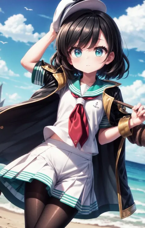 1 girl,cute,(looking at viewer:1.0), adorabel girl,cute face,details sky,handsome,young,juvenile,((masterpiece:1.4,best quality)),multiple details,eyeshadow,sfw, (medium shot:1.5),
gradiant eyes, hazel eyes, (long black lycra pantyhose:1.2)
lora:add_detail:0.8>, <lora:more_details:0.6>, sand, beach, anchor, coat
<lora:眼睛双_2:0.4>, <lora:MinamitsuMurasa:1>,
1girl,hat,sailor,gren eyes,short hair,black hair,sailor collar,white shirt,white skirt, murasa minamitsu, hishaku