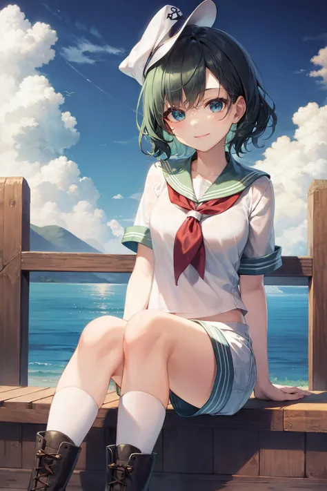 masterpiece, best quality, <lora:MinamitsuMurasa:1>,1girl, murasa minamitsu, solo, anchor, hat, sailor, sailor hat, short hair, black hair, fish, boots, smile, green eyes, shorts, cloud, blue hair, sky, sailor collar, day, cross-laced footwear, socks, blue eyes