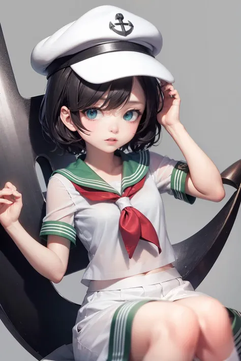 masterpiece, best quality, <lora:MinamitsuMurasa:1>,murasa minamitsu, 1girl,hat,sailor,gren eyes,short hair,black hair,sailor collar,white shirt,white skirt,anchor,grey background,