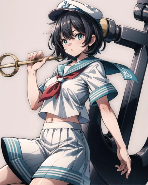 <lora:touhou_murasa-10:1>, murasa minamitsu, 1girl,hat,sailor,gren eyes,short hair,black hair,sailor collar,white shirt,white skirt,anchor,grey background, perfect composition, <lora:add_detail:1>, masterpiece, best quality,