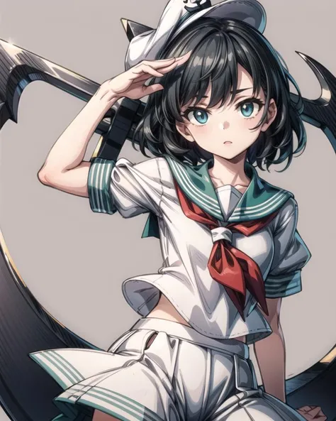 <lora:MinamitsuMurasa:1>, murasa minamitsu, 1girl,hat,sailor,gren eyes,short hair,black hair,sailor collar,white shirt,white skirt,anchor,grey background, <lora:add_detail:1>, masterpiece, best quality,
