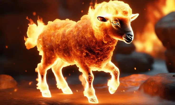 <lora:firecd_xl-000017:0.6>,a transparent fire elemental sheep made of (firecd_xl,raging flames:1.2,burning) in hell,fire eyes,fire hairs,fire body,splash fire,no humans,long-focus,tilt-shift,outdoors,on molten rock,full body,chinese zodiac,cutie,cute,still life,front view,facing viewer,looking at viewer,ethereal fantasy concept art,magnificent,epic,majestic,magical, emotional,harmonious,high budget,moody,epic,gorgeous,perfect lighting,realistic,photorealistic,photographic,photo (medium),real,moody lighting,volumetric lighting,reality ray tracing,8K,HDR,UHD,masterpiece,best quality,highly detailed,high resolution,finely detail,extremely detailed,ultra detailed,wallpaper