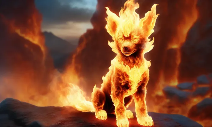 <lora:firecd_xl-000017:0.6>,a transparent fire elemental dog made of (firecd_xl,raging flames:1.2,burning) in hell,fire eyes,fire hairs,fire body,splash fire,no humans,long-focus,tilt-shift,outdoors,on molten rock,full body,chinese zodiac,cutie,cute,still life,front view,facing viewer,looking at viewer,ethereal fantasy concept art,magnificent,epic,majestic,magical, emotional,harmonious,high budget,moody,epic,gorgeous,perfect lighting,realistic,photorealistic,photographic,photo (medium),real,moody lighting,volumetric lighting,reality ray tracing,8K,HDR,UHD,masterpiece,best quality,highly detailed,high resolution,finely detail,extremely detailed,ultra detailed,wallpaper
