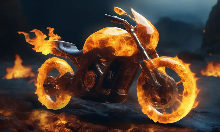 <lora:firecd_xl-000017:0.6>,a transparent fire elemental a motorbike made of (firecd_xl,raging flames:1.2,burning) in hell,fire body,splash fire,no humans,long-focus,tilt-shift,outdoors,military vehicle,on molten rock,full body,cutie,cute,still life,front view,ethereal fantasy concept art,magnificent,epic,majestic,magical, emotional,harmonious,high budget,moody,epic,gorgeous,perfect lighting,realistic,photorealistic,photographic,photo (medium),real,moody lighting,volumetric lighting,reality ray tracing,8K,HDR,UHD,masterpiece,best quality,highly detailed,high resolution,finely detail,extremely detailed,ultra detailed,wallpaper