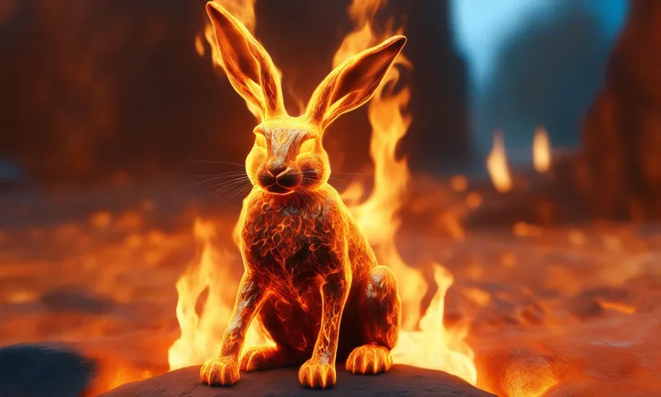 <lora:firecd_xl-000017:0.6>,a transparent fire elemental hare made of (firecd_xl,raging flames:1.2,burning) in hell,fire eyes,fire hairs,fire body,splash fire,no humans,long-focus,tilt-shift,outdoors,on molten rock,full body,chinese zodiac,cutie,cute,still life,front view,facing viewer,looking at viewer,ethereal fantasy concept art,magnificent,epic,majestic,magical, emotional,harmonious,high budget,moody,epic,gorgeous,perfect lighting,realistic,photorealistic,photographic,photo (medium),real,moody lighting,volumetric lighting,reality ray tracing,8K,HDR,UHD,masterpiece,best quality,highly detailed,high resolution,finely detail,extremely detailed,ultra detailed,wallpaper