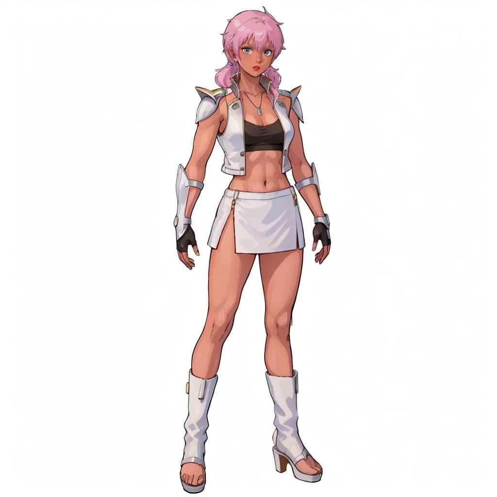 masterpiece,high quality,white background,solo,
looking at viewer,smile,
illiapazom,1girl,
long hair,wolf cut,low twin tail,pink hair,bangs,sidelocks,earrings,makeup,hair between eyes,blue eyes,lipstick,dark skin, sexy legs, large breasts
collarbone,breasts,shoulder armor,crop top,jacket,sleeveless,open clothes,vest,strapless,navel,midriff, small high hipped thong underwear, pubic hair peeking out, pink pubic hair, sexy
fingerless gloves,black gloves,gauntlet,