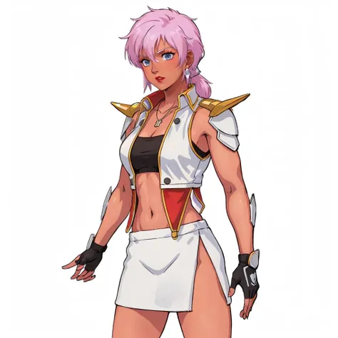 masterpiece,high quality,
<lora:illiapazom001:0.5>,solo,
illia_pazom,1woman,
long hair,pigtails,pink hair,bangs,earrings,makeup,blue eyes,lipstick,dark skin,
necklace,
collarbone,breasts,shoulder pads,shoulder armor,armor,pauldrons,vest,sleeveless,open clothes,sleeveless jacket,strapless,crop top,tube top,navel,midriff,
fingerless gloves,black gloves,
pencil skirt,miniskirt,white skirt,side slit,