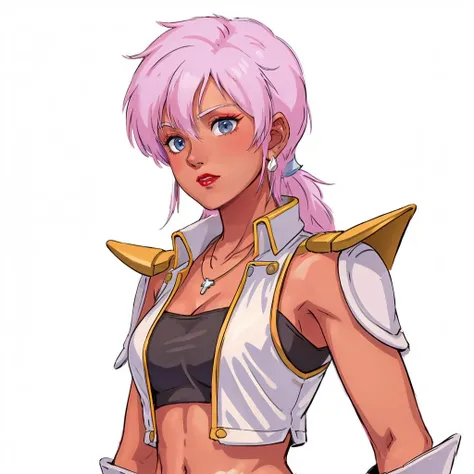masterpiece,high quality,
<lora:illiapazom001:0.5>,solo,
illia_pazom,1woman,
long hair,pigtails,pink hair,bangs,earrings,makeup,blue eyes,lipstick,dark skin,
necklace,
collarbone,breasts,shoulder pads,shoulder armor,armor,pauldrons,vest,sleeveless,open clothes,sleeveless jacket,strapless,crop top,tube top,
close up,