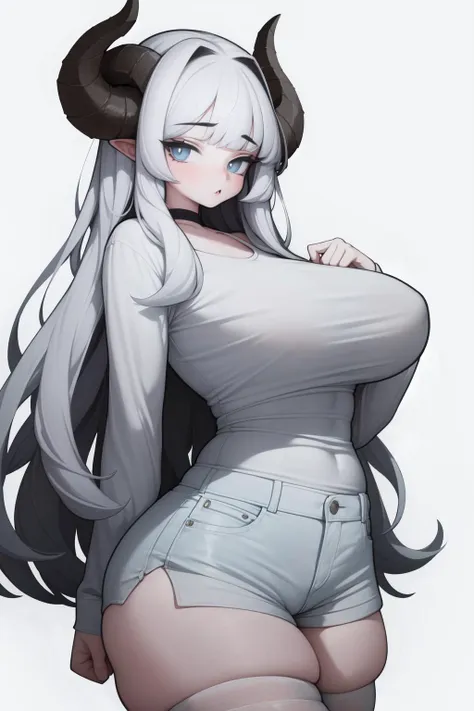 1girl, solo, standing, upper body,
white hair, long hair, curly hair, messy hair, (blunt bangs:1.2), horns, sheep horns, white horns,
blue eyes, looking at viewer,
choker, white shirt, white shorts, short shorts, white thighhighs, (skindentation:1.2),
curvy, large breasts, covered nipples,
(white background, simple background:1.4), wlsdnjs950, (thick lines:1.2),
<lora:Rabbit (wlsdnjs950):1.0>