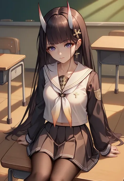 <lora:Noshiro_XL_pony_v1:0.8> noshiro \(azur lane\), school uniform, sunlit classroom ,sitting,cross legged ,amusement,, score_9, score_8_up, score_7_up, source_anime, 1girl,