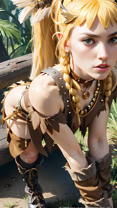 (close_up:1.5) (low_camera_angle:1.3), (shot_from_below:1.3). The fierce flintstone stone age freckles young girl barbarian warrior (hunting:1.5) with long, wild (golden_yellow_hair:1.5) blonde hair, piercing (blue_eyes:1.3), (tiara:1.3), (slit_skirt:1.3). She possesses a lean and athletic (petite:2.0) build, with a strong yet graceful presence. Attire consists of (primitive_dress:1.5), such as a sleeveless fur top, a grass skirt, and worn-out boots, shiny wooden jewelry, animal_skin_dress (braless:1.2) nipples. She carries a variety of primitive (weapons:1.5), including a spear and a sling. Dynamic pose that showcases her warrior spirit and determination. The background should reflect the prehistoric setting of the series, with lush vegetation, rocky terrain, or remnants of ancient civilization. Wild long hair, and her tribal attire. (Hyper_realistic:1.3), (best_quality:1.3), (masterpiece:1.3), (ultra_high_res:1.3), (photorealistic:2.0), (raw_photo:1.3), (sharp_focus:1.3), (HDR:1.3), (detailed_skin:1.3). <lora:Barbarian_woman:1>