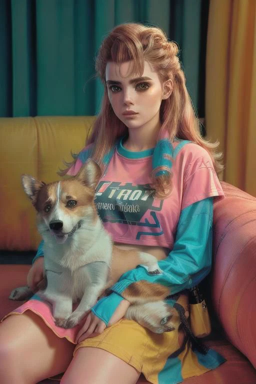ung adult woman, AloyHorizon, establishing shot, reclining on sofa, ((holding a corgi on lap)),
thighighs, mini-skirt, tshirt , 80's hairstyle ,bright makeup,
bright pink colour tiler,
nightclub, Eighties,
easy and aesthetic composition, 8k
