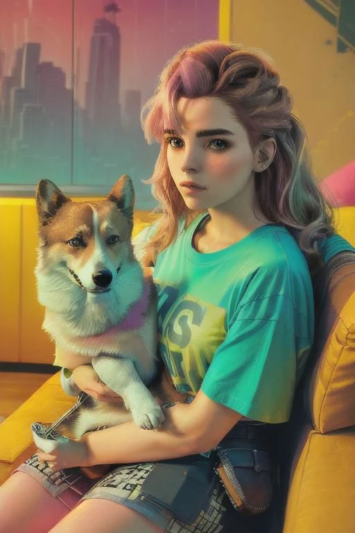 ung adult woman, AloyHorizon, establishing shot, reclining on sofa, ((holding a corgi on lap)),
thighighs, mini-skirt, tshirt , 80's hairstyle ,bright makeup,
bright pink colour tiler,
nightclub, Eighties,
easy and aesthetic composition, 8k