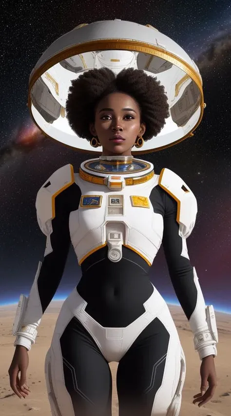 Halo, Space War, Space armor, A remarkable African woman whose presence radiates with cosmic brilliance. She is adorned in a sleek spacesuit that merges advanced technology with the rich cultural heritage of Africa, showcasing intricate patterns and vibrant colors that echo the continent's diverse tapestry. Her dark, resolute eyes reflect a deep wisdom acquired through interstellar exploration, while her afro, adorned with celestial ornaments, represents both her individuality and ancestral connections to the stars. With an unwavering spirit and a determination as unyielding as the cosmos itself, she fearlessly navigates the wonders of the universe, embodying the strength, resilience, and limitless potential of African women in shaping the future of space exploration.