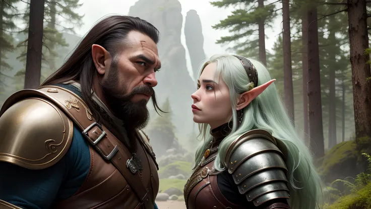 2girls, 2men, 2dwarf, 2orcs In a rugged landscape divided between a lush, vibrant forest and a barren, rocky terrain, an imposing Orc Queen and a resilient Dwarf meet in a tense standoff, their eyes locked in a powerful gaze. facing_each_other, eye_contact, staring_each_other, fight. The Orc Queen, with armor and loin cloth on her green body and silver hair standing tall and formidable, radiates strength and authority with her green skin, fierce tusks, and regal armor adorned with tribal symbols. The Old Dwarf, sturdy and defiant, half-human tall, exudes determination and resilience, Beardy dwarf, adorned in intricate metallic armor and his long (beard:1.1) braided with pride. The image showcases a striking contrast, with the vibrant colors of the forest representing life and growth, while the desolate rocky backdrop symbolizes harshness and endurance. The visual composition focuses on the captivating half-body presence of both the Orc Queen and the Dwarf, capturing the intensity and shared respect between two fierce adversaries on the brink of confrontation. Hyper realistic, Best quality, masterpiece, ultra high res, (photorealistic:1.4), raw photo, sharp focus, HDR, detailed skin.
