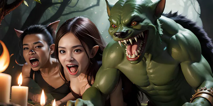 Open mouth, teeth, saliva, hungry, In the depths of the ancient forest, mischievous green goblins scurry among gnarled roots and shadowed thickets, their beady eyes glinting with a blend of cunning and mischief. These diminutive creatures, known for their pointy ears and greenish skin, are notorious for their pranks and thievery, leaving a trail of chaos and laughter in their wake. Far_shot, full_bodies, Africans, indians, hawaiian, white robe, Werewolves, lycantrope, fangs, blood, wounds, fighting, killing, screaming, anger, furious. Best quality, masterpiece, ultra high res, (photorealistic:1.4), raw photo, sharp focus, HDR, detailed skin.
