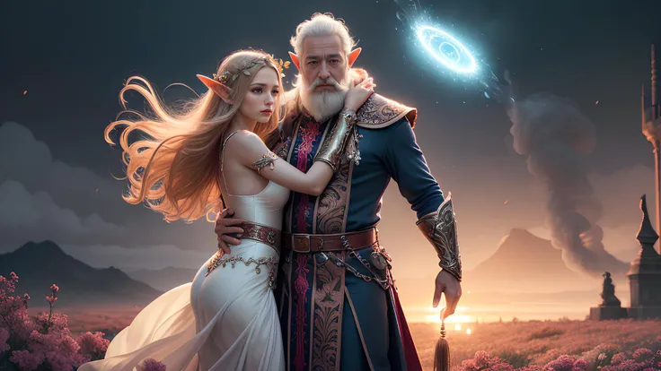 Crying, sad, hugging, In a picturesque flower field, a fat old sorcerer with a flowing white beard stands tall with his covered daddy belly, his eyes glinting with wisdom and magic. Beside him, two enchanting elf girls, radiating ethereal beauty, engage in a lively dance of spellcasting. With graceful movements and intricate gestures, they summon elemental energies that swirl and intertwine with the vibrant flora around them. The sorcerer's robes billow in the breeze, hinting at the immense power he commands, while the elf girls' ethereal gowns shimmer with a mesmerizing glow. Together, they create an enchanting spectacle, blending ancient sorcery and natural elegance in a mesmerizing display of mystic arts. This realistic image captures the dynamic energy and harmony between the sorcerer and the elf girls, transporting viewers to a world where the boundaries between reality and magic blur into an awe-inspiring moment of enchantment. Hyper realistic, Best quality, masterpiece, ultra high res, (photorealistic:1.4), raw photo, sharp focus, HDR, detailed skin.
