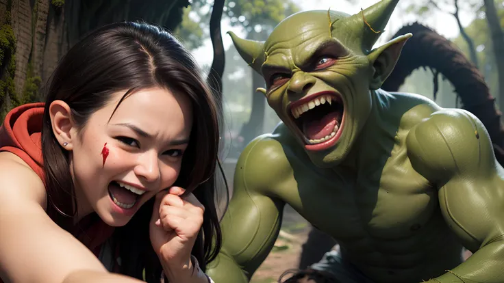 (2girls:1.1), (1man:1.1), (Happy:1.2), (hoodie:1.2), Open mouth, teeth, saliva, hungry, In the depths of the ancient forest, mischievous (green:1.1) (goblin:1.2) scurry among gnarled roots and shadowed thickets, their beady eyes glinting with a blend of cunning and mischief. These diminutive creatures, known for their pointy ears and greenish skin, are notorious for their pranks and thievery, leaving a trail of chaos and laughter in their wake. Far_shot, full_bodies, Africans, indians, hawaiian, robe, fangs, blood, wounds, fighting, screbraming, anger, furious. Best quality, masterpiece, ultra high res, (photorealistic:1.4), raw photo, sharp focus, HDR, detailed skin.