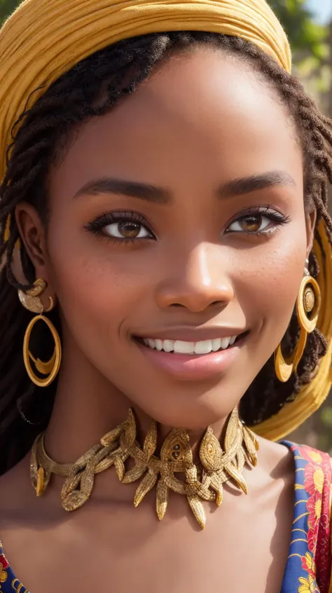 In a captivating (close-up:1.3), the beauty of the (African_woman:1.3) shines through, her radiant smile and striking features revealing a tapestry of heritage, strength, and grace that transcends boundaries and captivates hearts. Best quality, masterpiece, ultra high res, (photorealistic:1.5), raw photo, (sharp:1.2) focus, HDR, (detailed_skin:1.2).