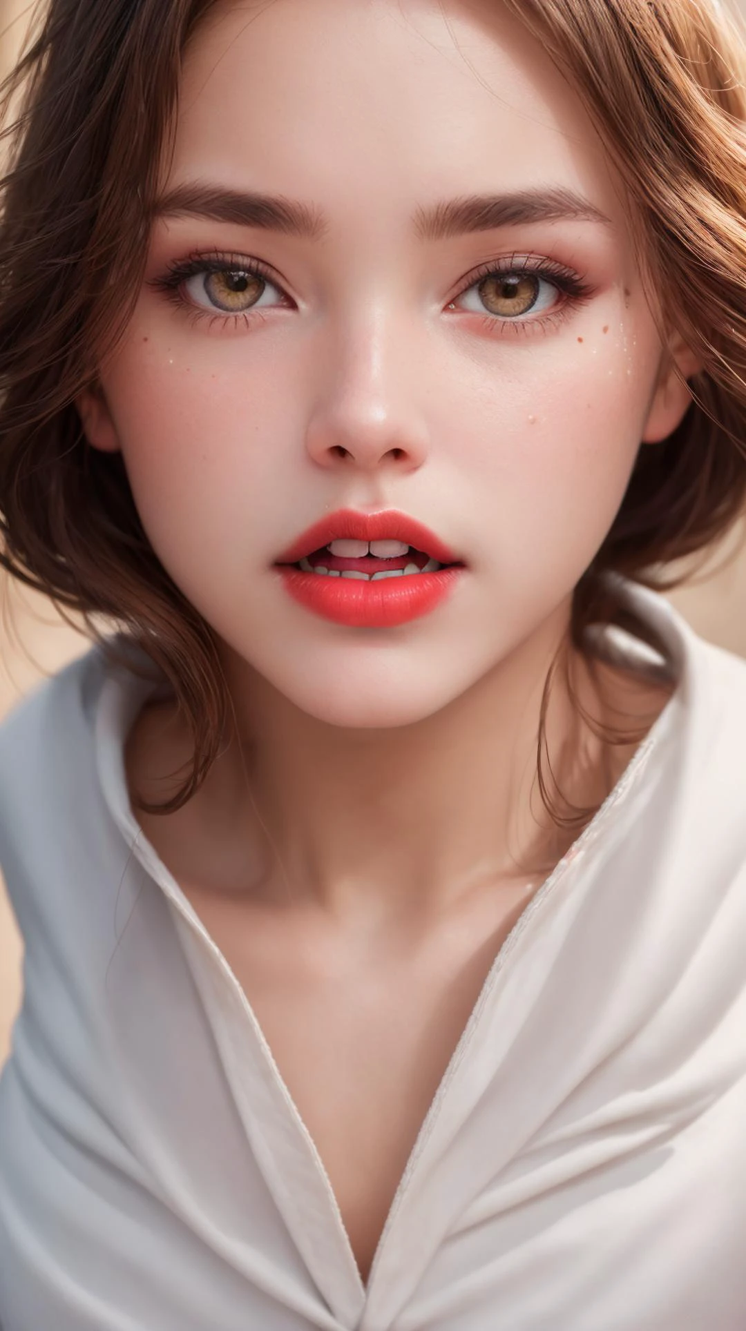 (1girl:1.4), Amidst a swirling vortex of magic and chaos, a valiant (white_outfit:1.3), (high_neck:1.3), (long_pants:1.2), In an intimate (close-up:1.5), (skin_pores:1.3), (open_mouth:1.2), With meticulous precision, the girl delicately applies a vibrant red (lipstick:1.2), her white attire contrasting beautifully against the vivid hue, evoking a captivating blend of innocence and allure. Best quality, masterpiece, ultra high res, (photorealistic:1.5), raw photo, (sharp:1.2) focus, HDR, (detailed_skin:1.2).